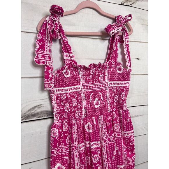 Crown & Ivy Maxi Pink White Print Tie Sleeves Size Large Dress - Picture 5 of 5